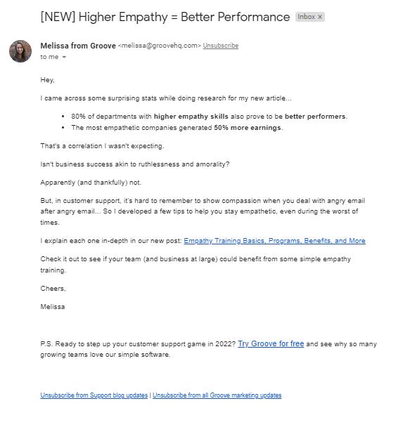 Relationship marketing example from Groove written by a real person