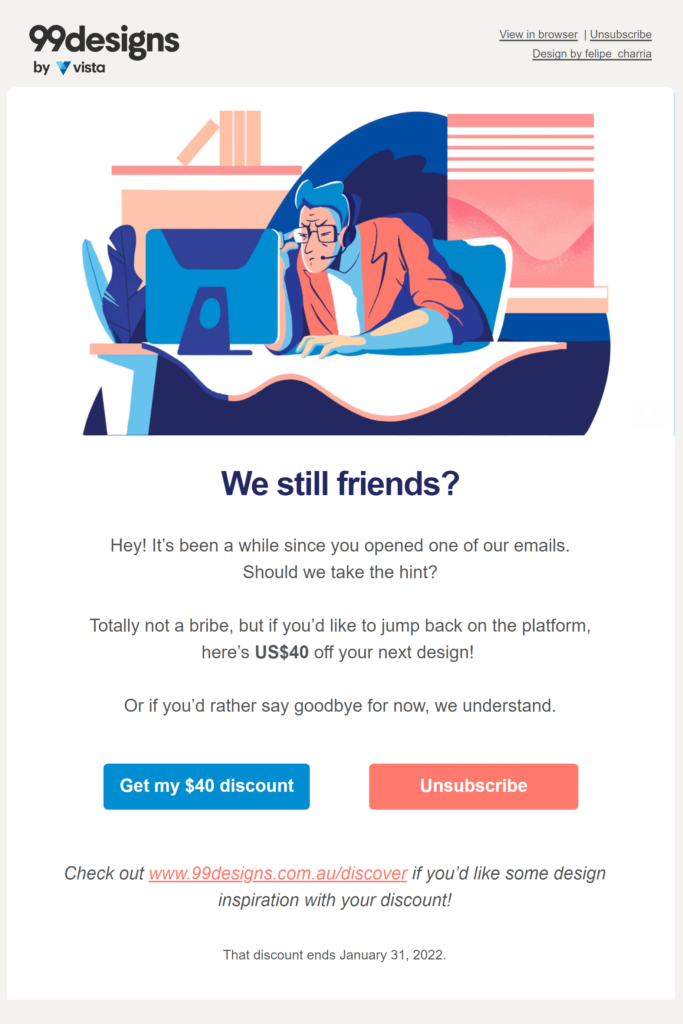 Creative re-engagement email from 99designs asking